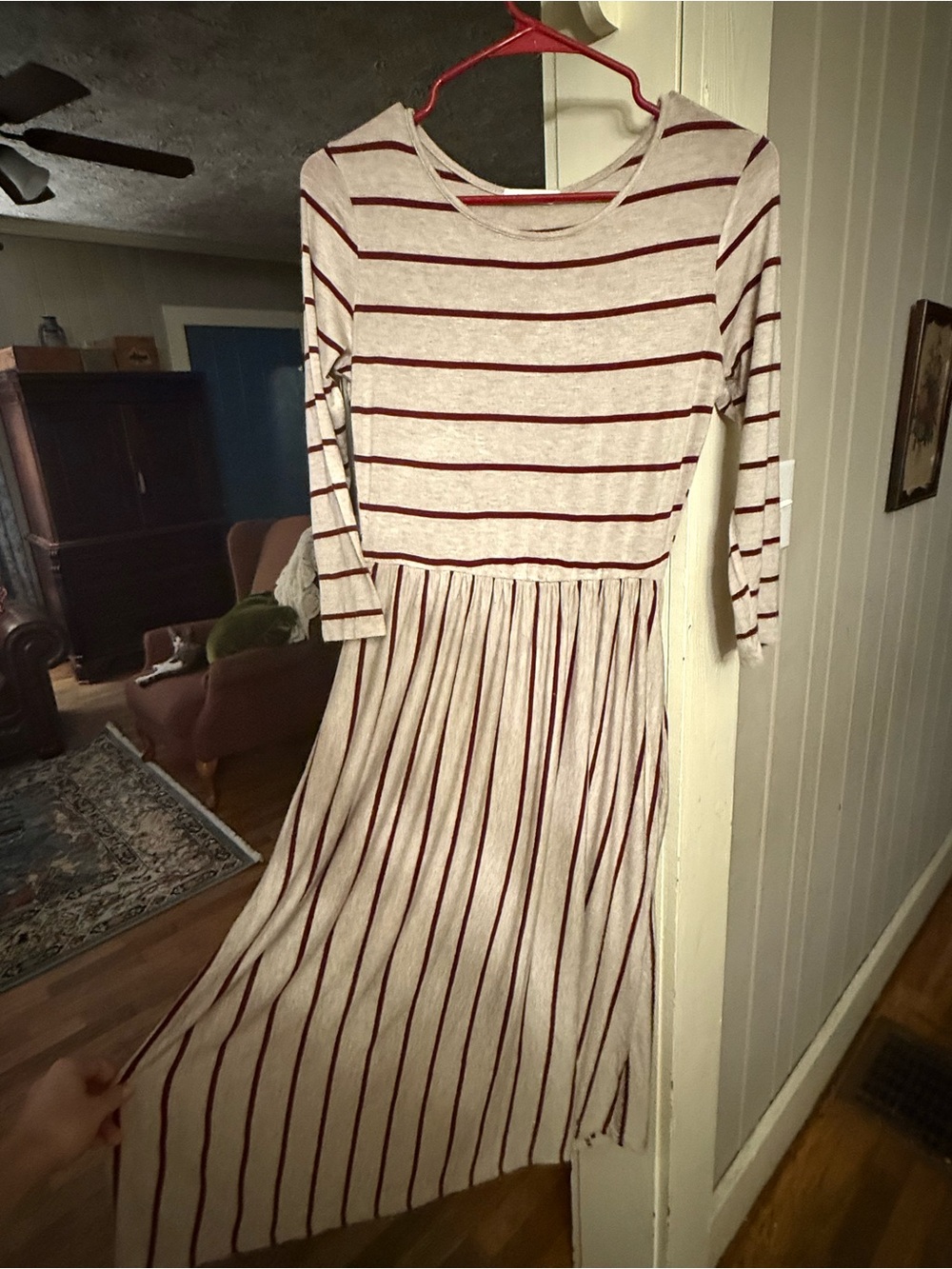 Women's Cream & Burgundy Striped Midi Dress
